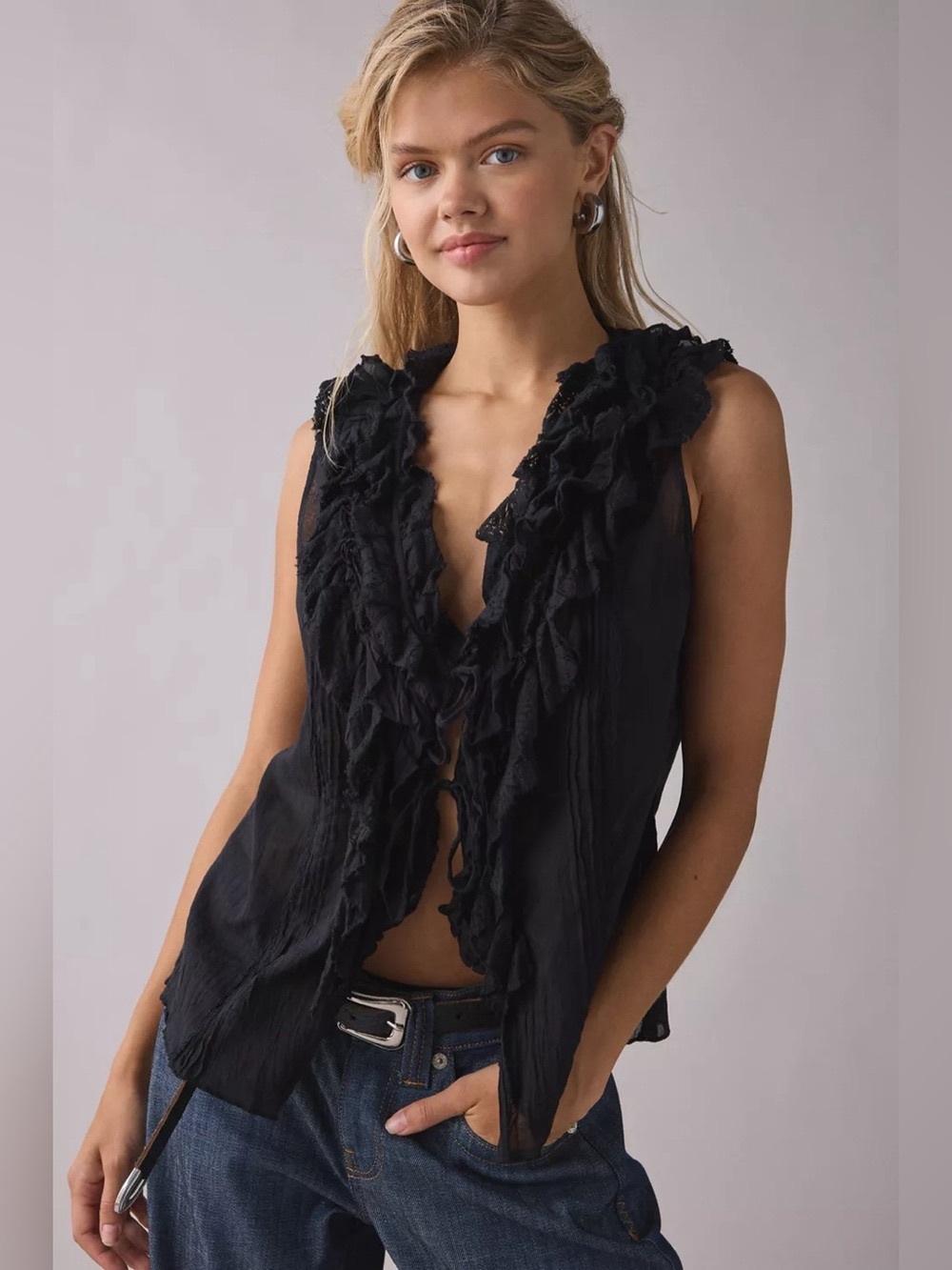 NWT UO Kimchi Blue Clara Cascading Ruffle Tie-Front Tank Top